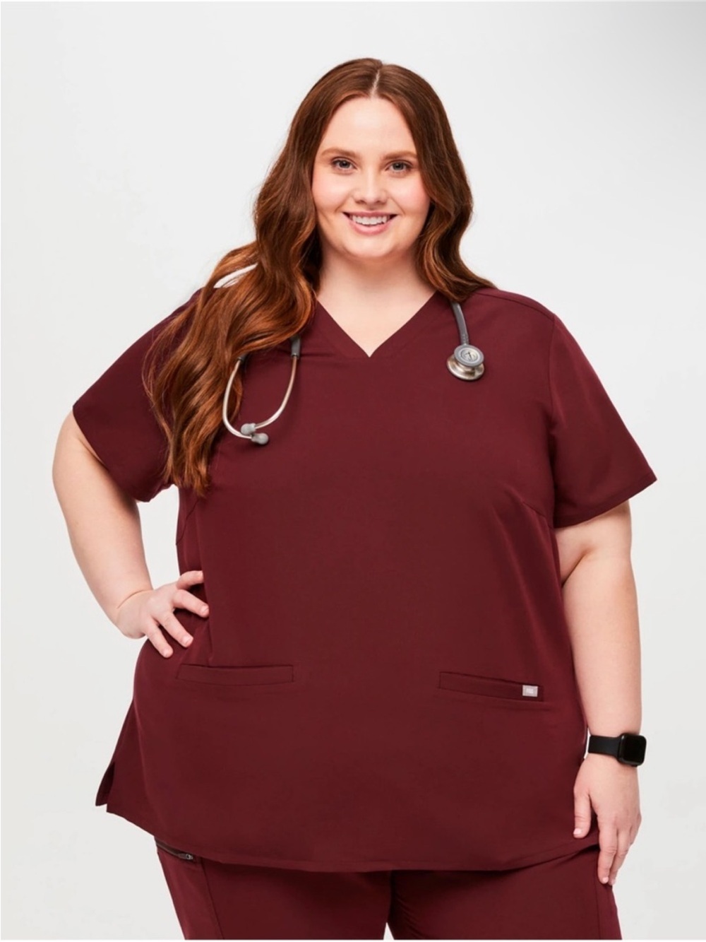 Women's V-Neck Casma 3 Pockets Medical Scrub Top Burgundy PO# 4051